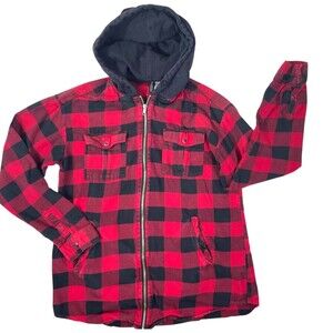 H&M Divided Red Buffalo Plaid Hooded Zip Flannel Shirt Jacket Gorpcore FLAW 8
